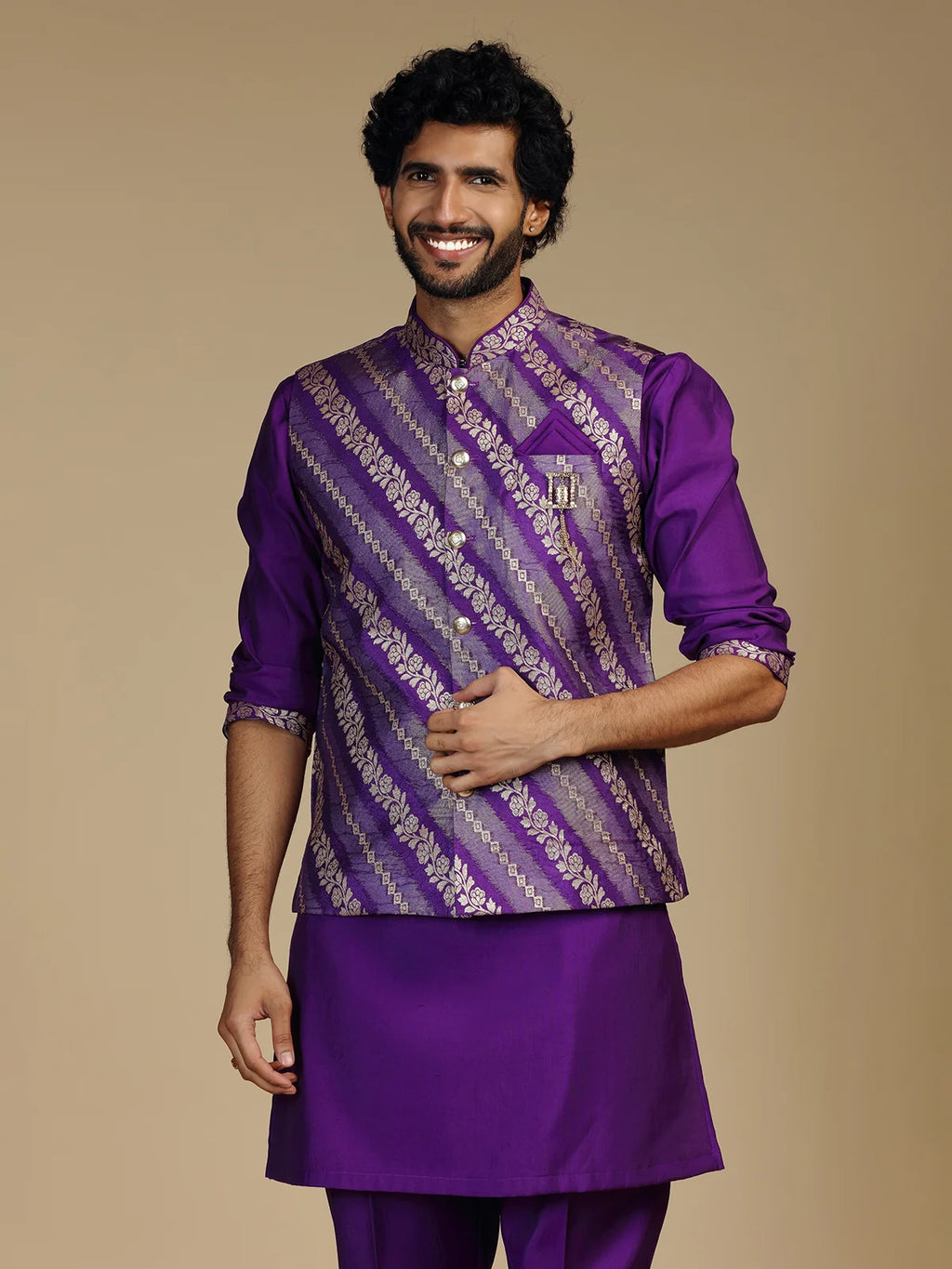 Purple Embroidered Kurta Jacket Pant Set for Men with Mandarin Collar