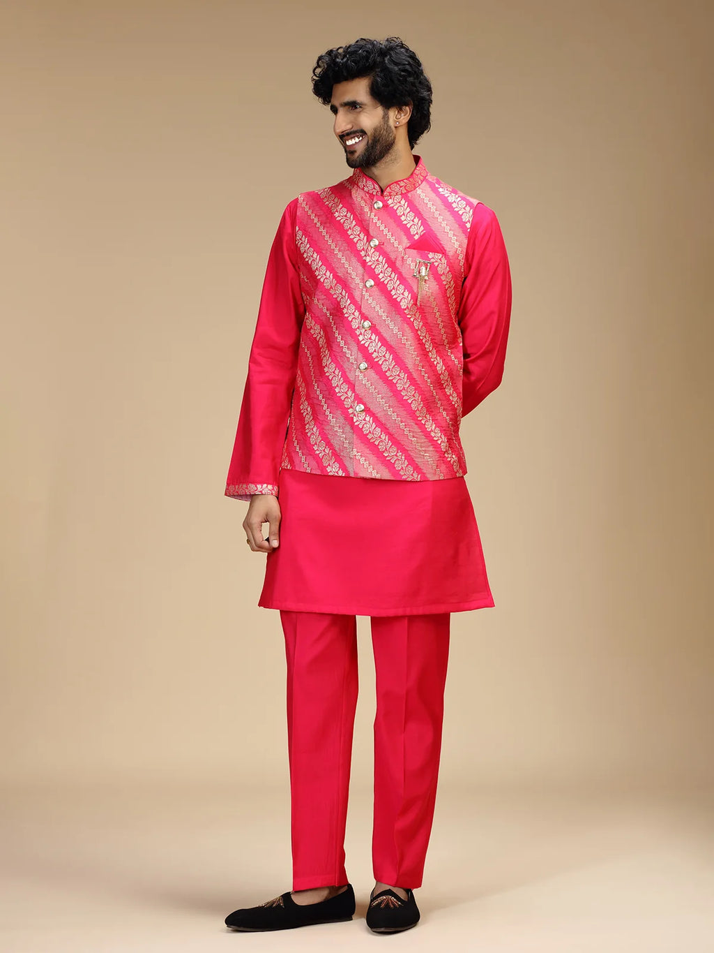 Rani Pink Embroidered Kurta Jacket Pant Set for Men with Mandarin Collar