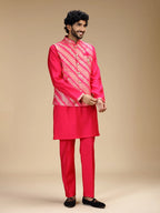 Rani Pink Embroidered Kurta Jacket Pant Set for Men with Mandarin Collar