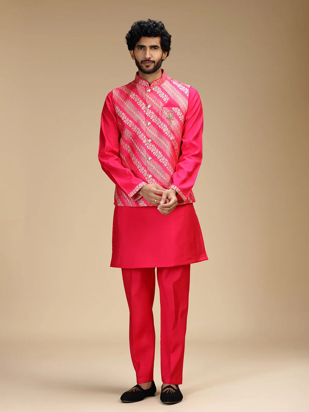 Rani Pink Embroidered Kurta Jacket Pant Set for Men with Mandarin Collar