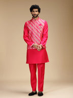 Rani Pink Embroidered Kurta Jacket Pant Set for Men with Mandarin Collar