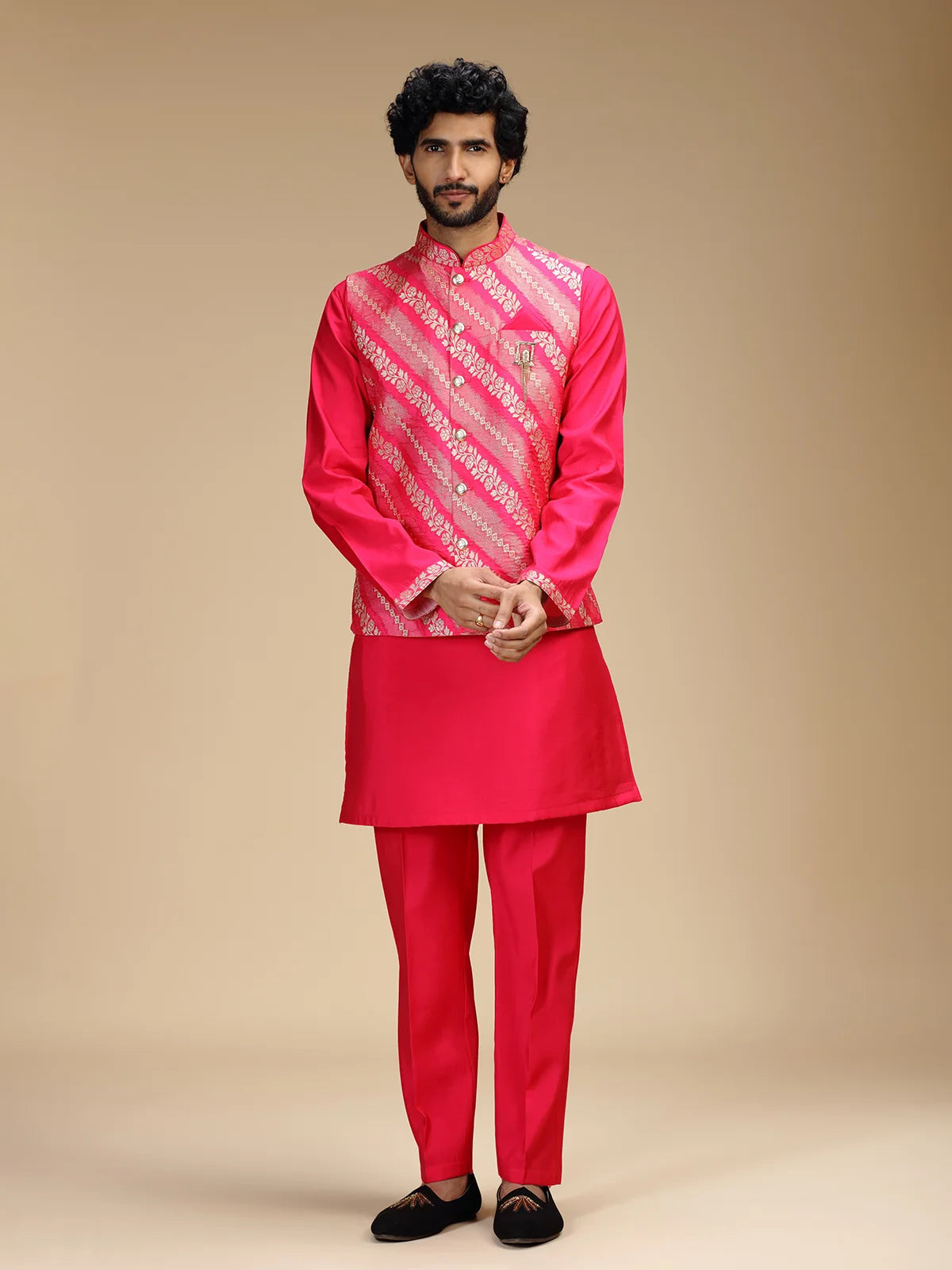Rani Pink Embroidered Kurta Jacket Pant Set for Men with Mandarin Collar