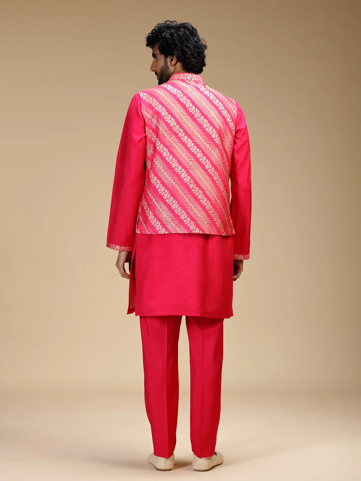 Rani Pink Embroidered Kurta Jacket Pant Set for Men with Mandarin Collar