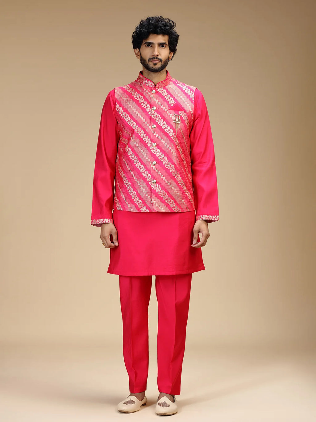 Rani Pink Embroidered Kurta Jacket Pant Set for Men with Mandarin Collar