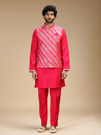 Rani Pink Embroidered Kurta Jacket Pant Set for Men with Mandarin Collar