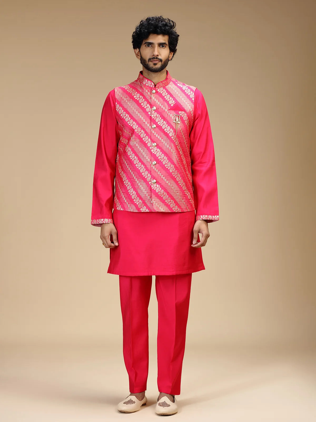 Rani Pink Embroidered Kurta Jacket Pant Set for Men with Mandarin Collar