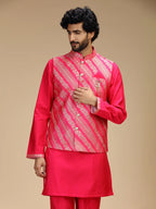 Rani Pink Embroidered Kurta Jacket Pant Set for Men with Mandarin Collar
