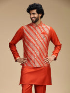 Rustic Orange Embroidered Kurta Jacket Pant Set for Men with Mandarin Collar
