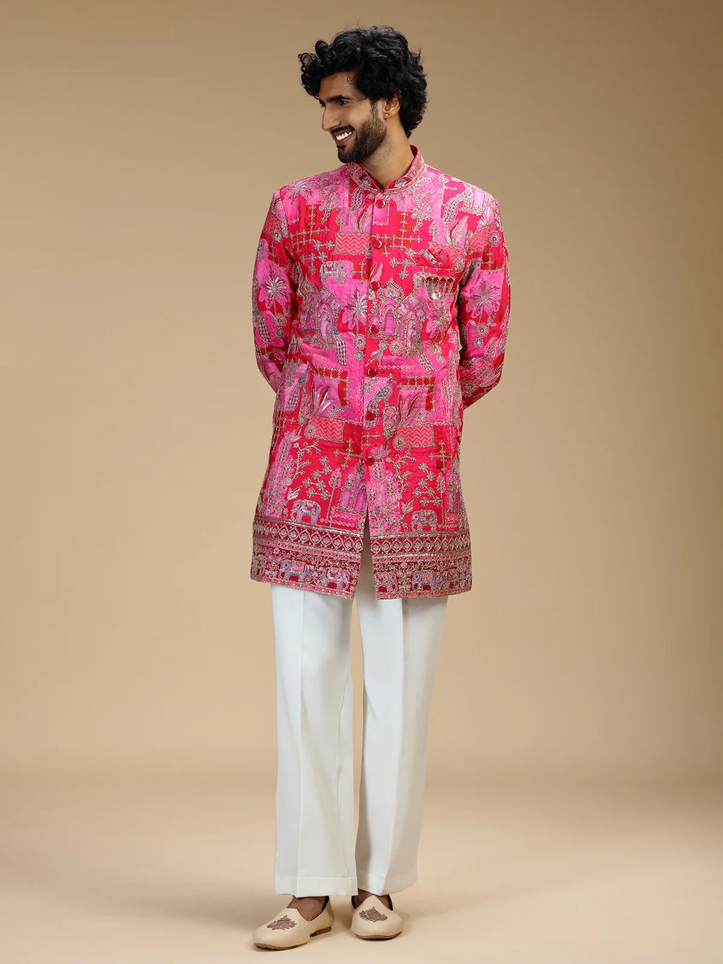 Rani Pink Embroidered Indo Western Set for Men with Mandarin Collar