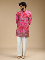 Rani Pink Embroidered Indo Western Set for Men with Mandarin Collar