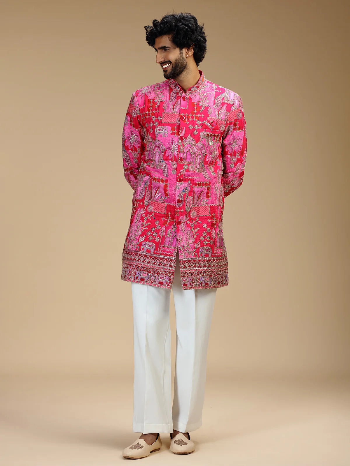 Rani Pink Embroidered Indo Western Set for Men with Mandarin Collar