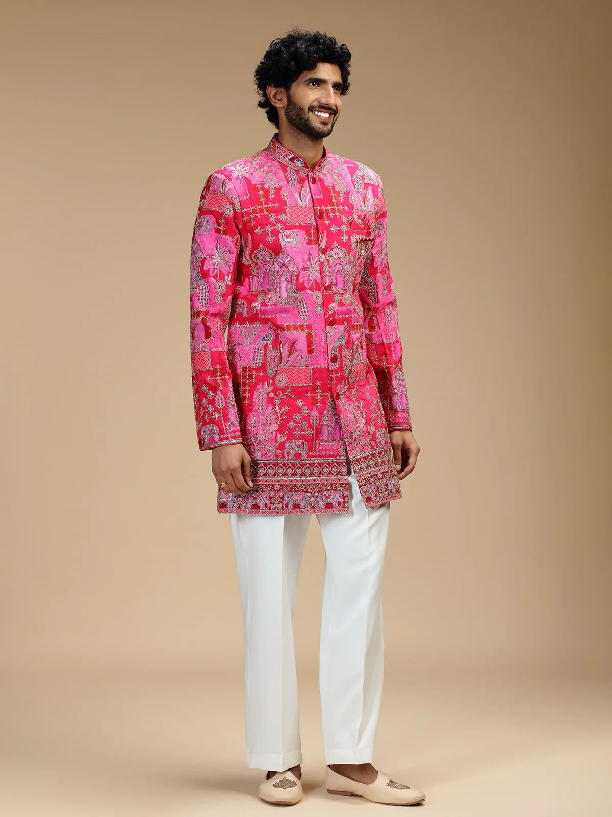 Rani Pink Embroidered Indo Western Set for Men with Mandarin Collar