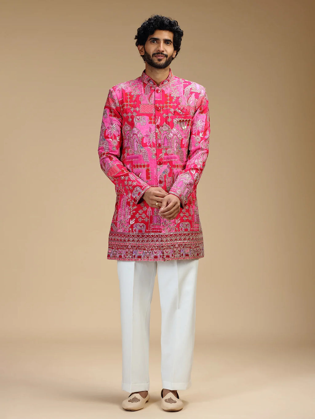 Rani Pink Embroidered Indo Western Set for Men with Mandarin Collar
