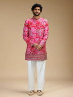 Rani Pink Embroidered Indo Western Set for Men with Mandarin Collar
