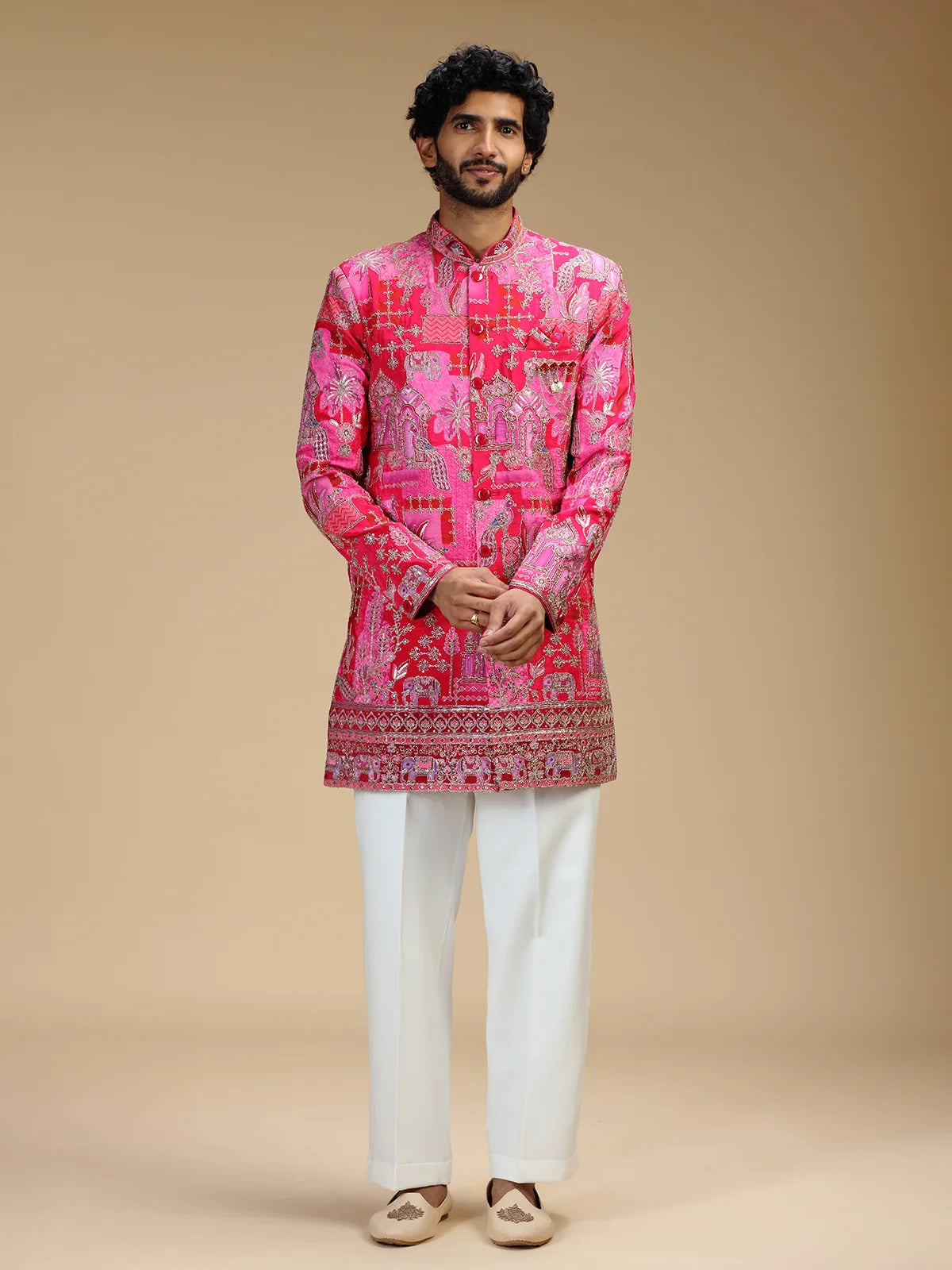 Rani Pink Embroidered Indo Western Set for Men with Mandarin Collar