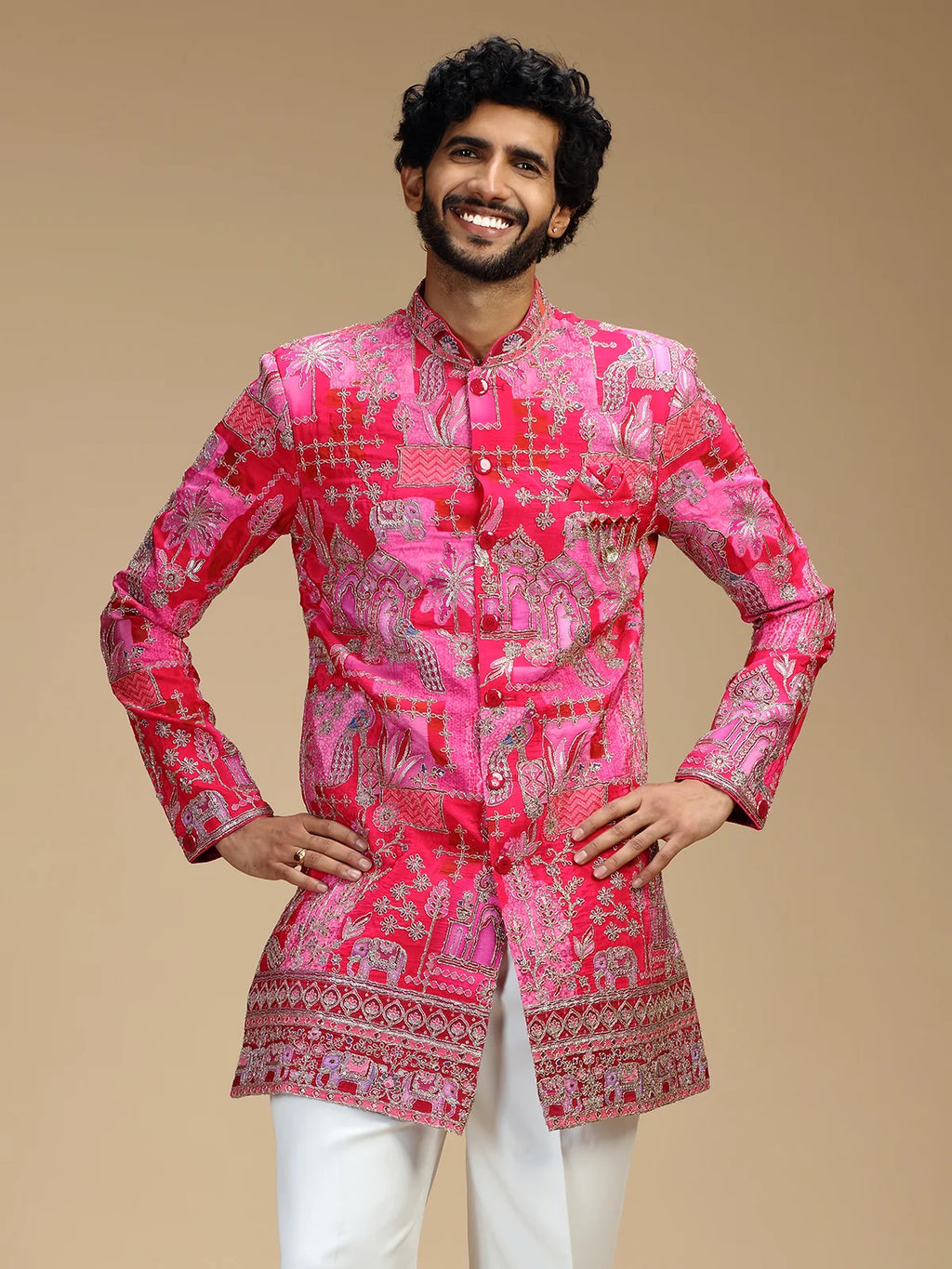 Rani Pink Embroidered Indo Western Set for Men with Mandarin Collar