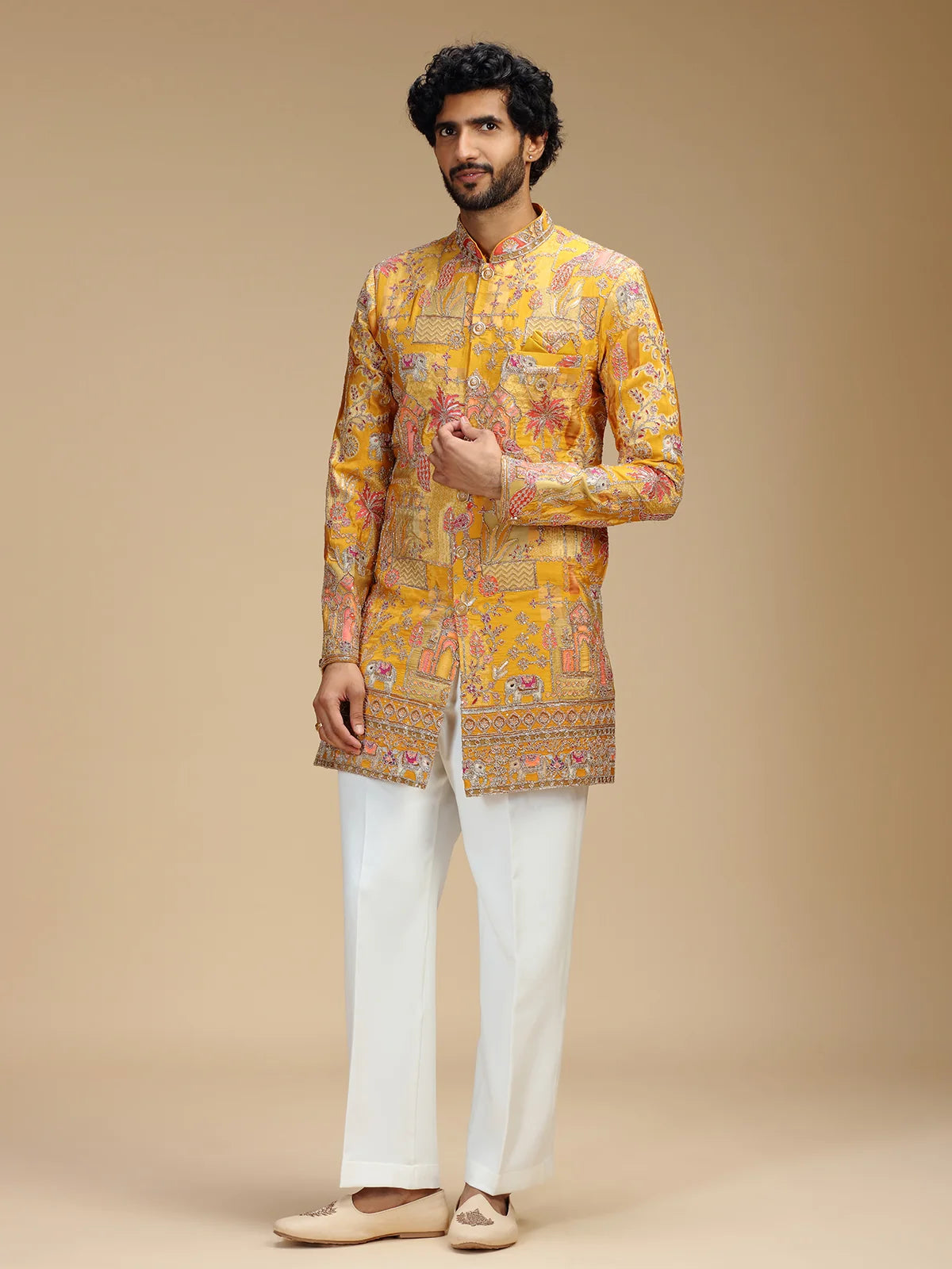 Yellow Embroidered Indo Western Set for Men with Mandarin Collar