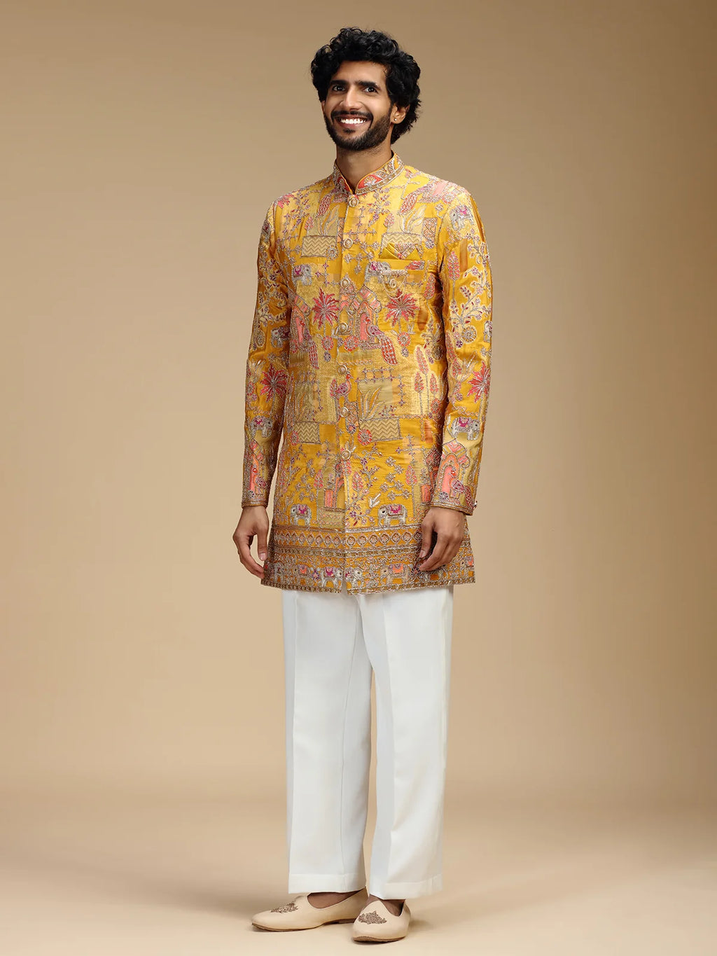 Yellow Embroidered Indo Western Set for Men with Mandarin Collar