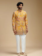 Yellow Embroidered Indo Western Set for Men with Mandarin Collar