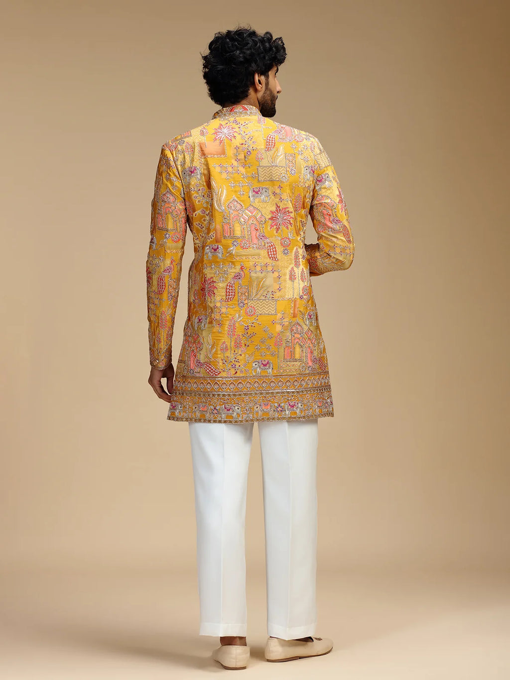 Yellow Embroidered Indo Western Set for Men with Mandarin Collar