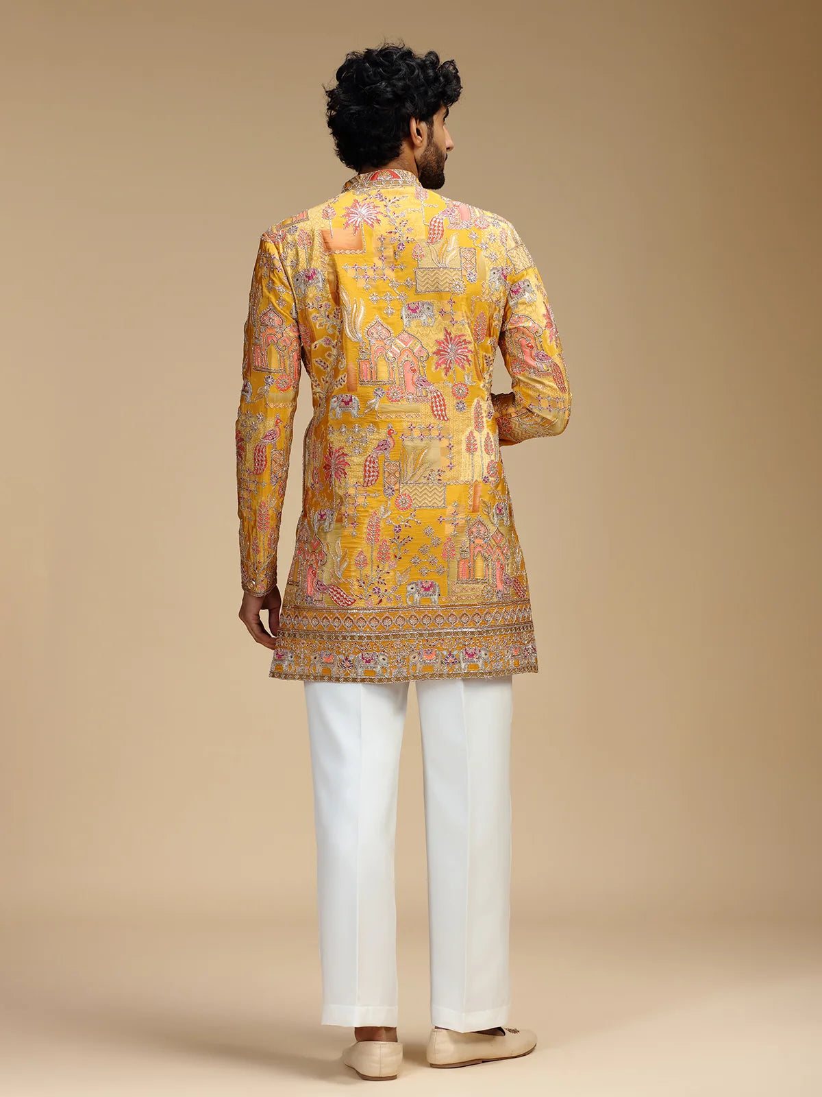 Yellow Embroidered Indo Western Set for Men with Mandarin Collar