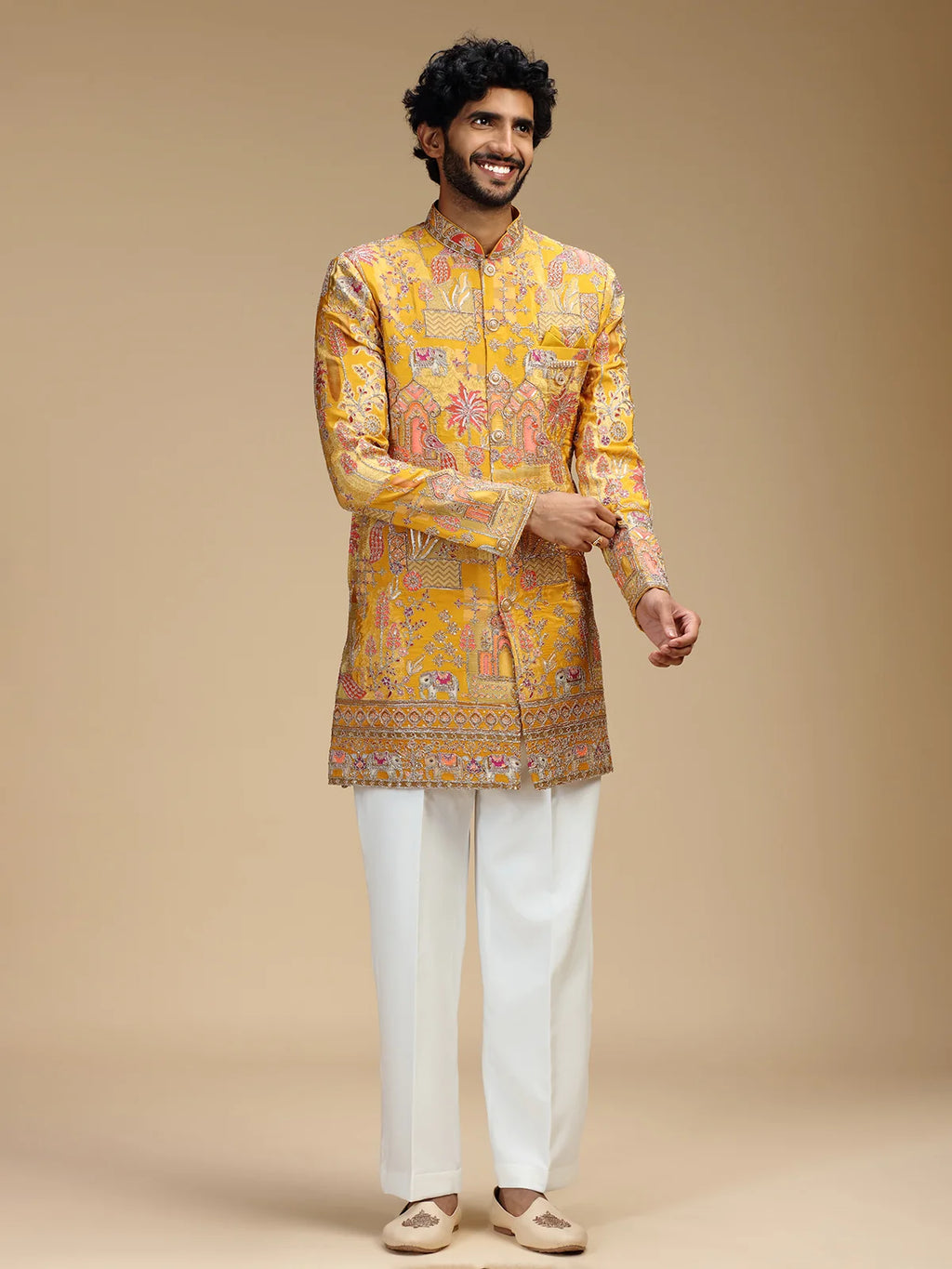 Yellow Embroidered Indo Western Set for Men with Mandarin Collar