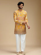 Yellow Embroidered Indo Western Set for Men with Mandarin Collar