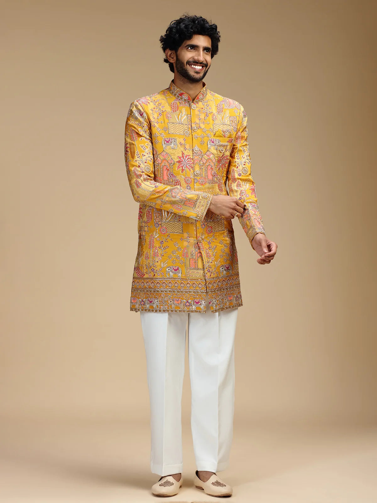 Yellow Embroidered Indo Western Set for Men with Mandarin Collar