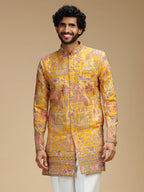 Yellow Embroidered Indo Western Set for Men with Mandarin Collar