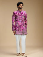 Purple Embroidered Indo Western Set for Men with Mandarin Collar
