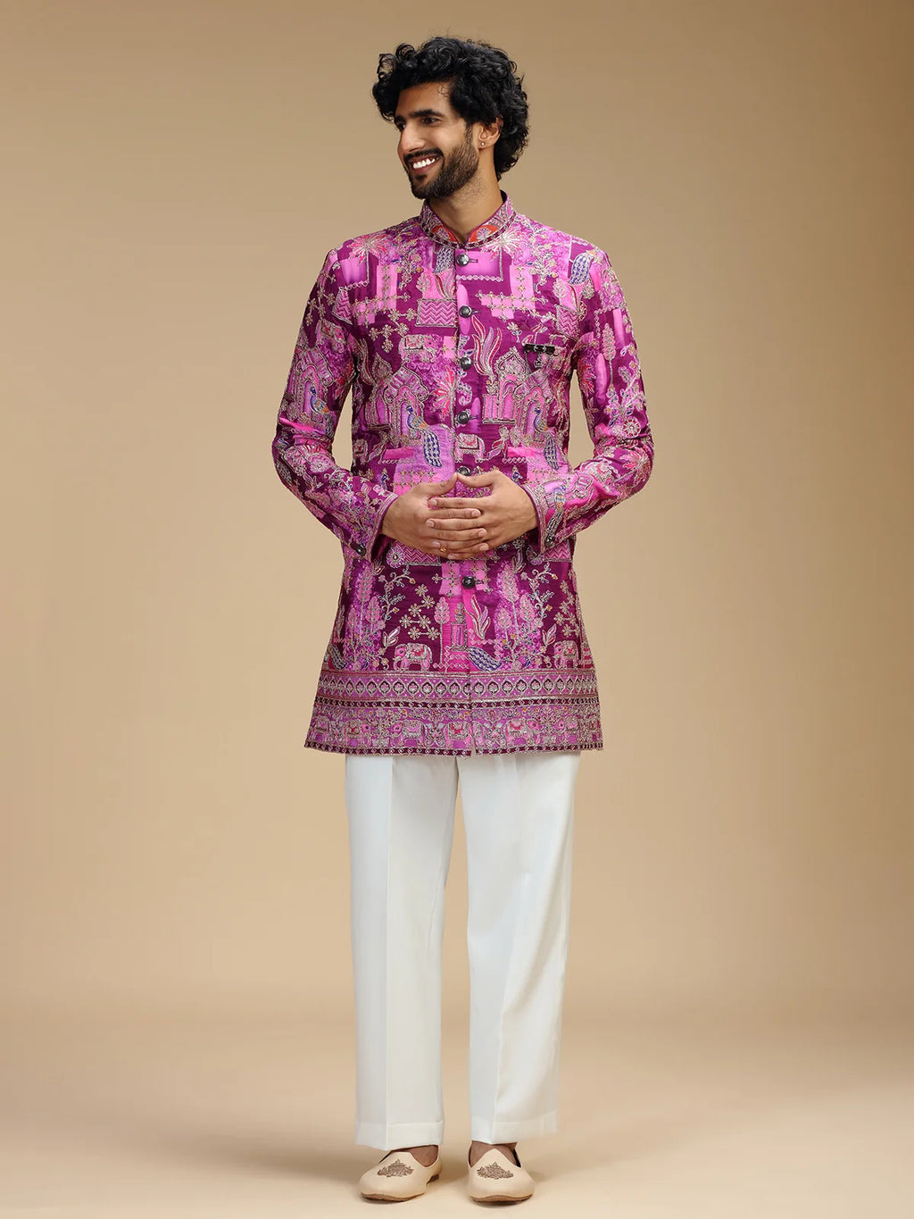 Purple Embroidered Indo Western Set for Men with Mandarin Collar