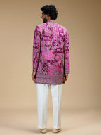 Purple Embroidered Indo Western Set for Men with Mandarin Collar