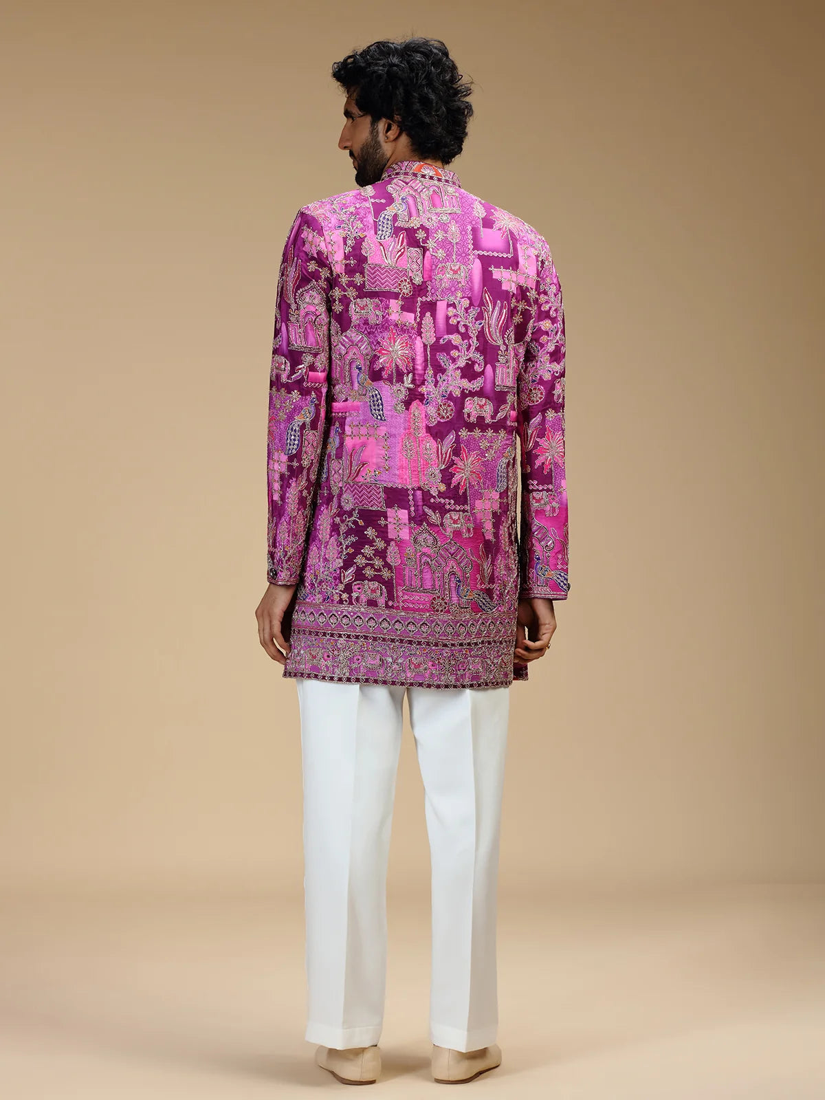 Purple Embroidered Indo Western Set for Men with Mandarin Collar