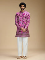 Purple Embroidered Indo Western Set for Men with Mandarin Collar