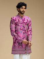 Purple Embroidered Indo Western Set for Men with Mandarin Collar