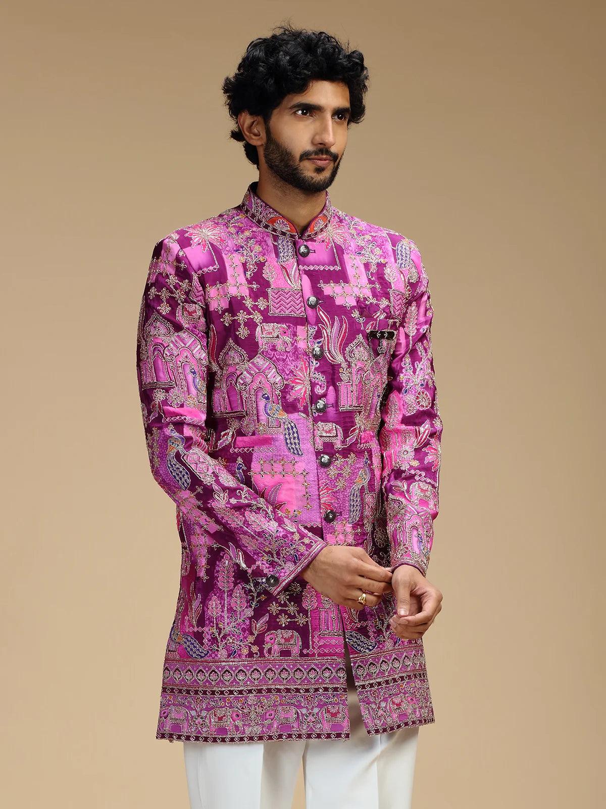 Purple Embroidered Indo Western Set for Men with Mandarin Collar
