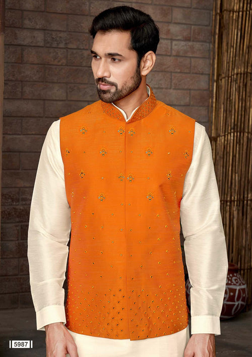 Art Silk Kurta Jacket Set with Pants for Men