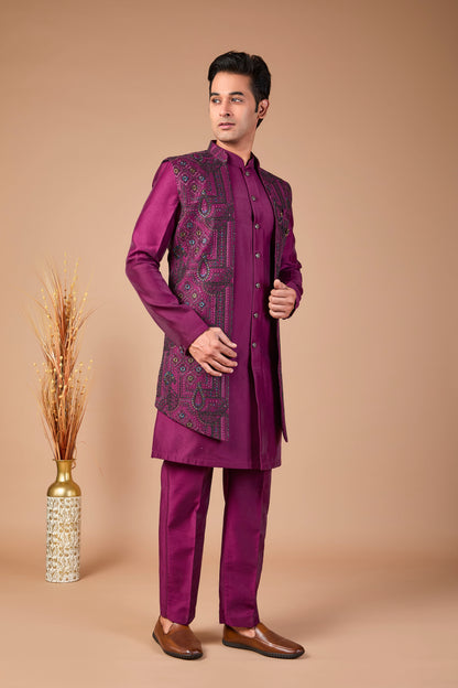 Special Reception Occasion Wine Purple Men Indo-western