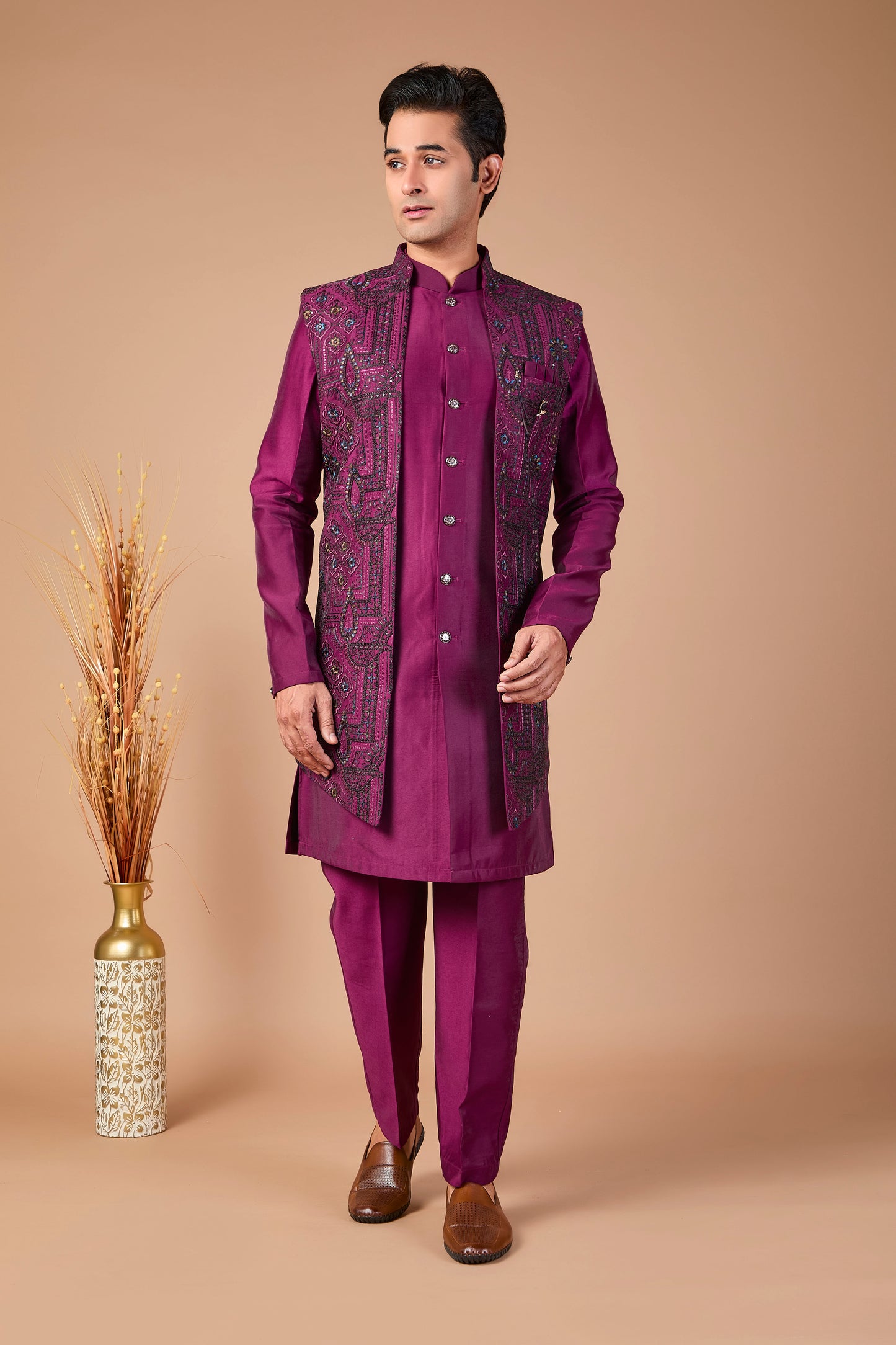 Special Reception Occasion Wine Purple Men Indo-western