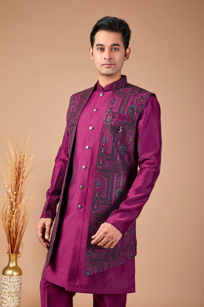 Special Reception Occasion Wine Purple Men Indo-western