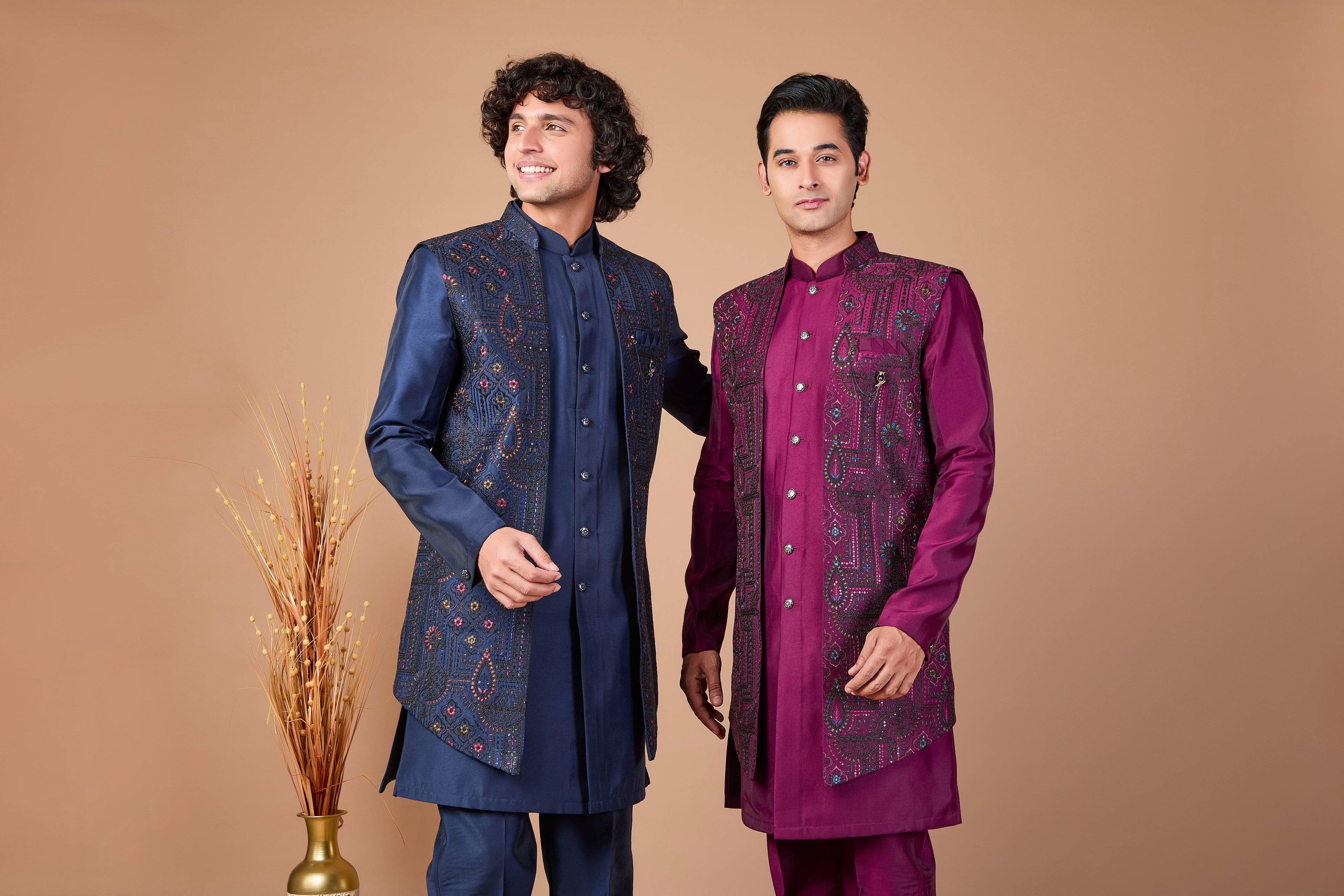 Special Reception occasion in Elegant Silk Wine Purple Men Indo-western
