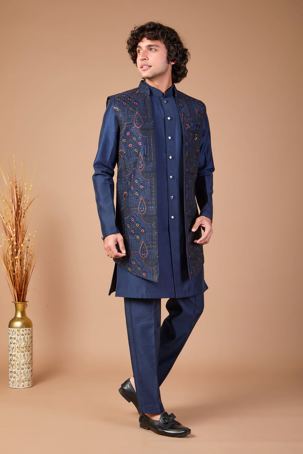 Navy Blue Raw Silk Indo-Western for Men – Festive Wear
