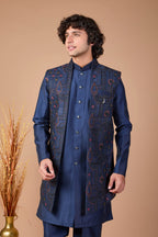 Navy Blue Raw Silk Indo-Western for Men – Festive Wear
