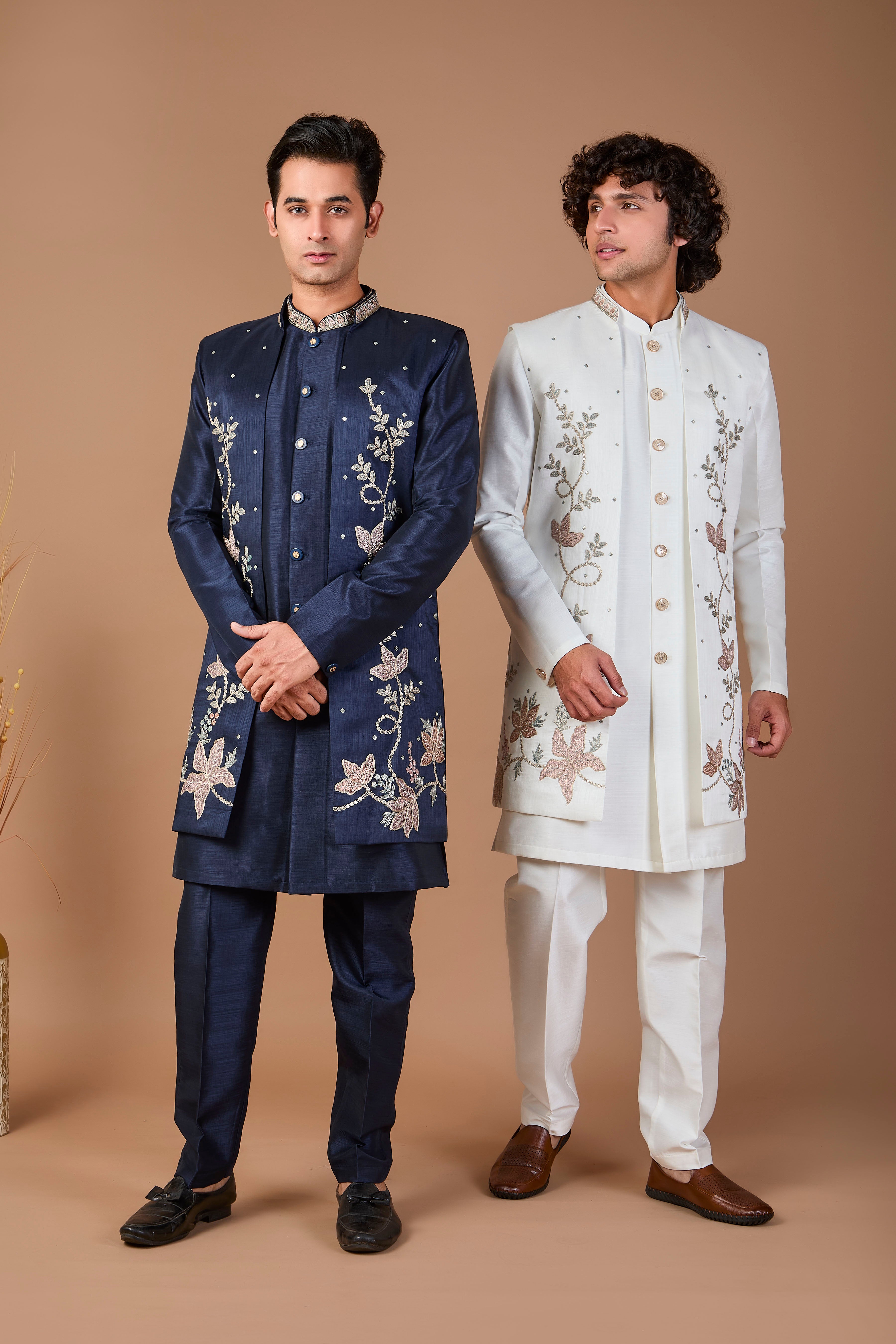 Men's Rich Off-white Indo-western Crafted in Premium Raw Silk