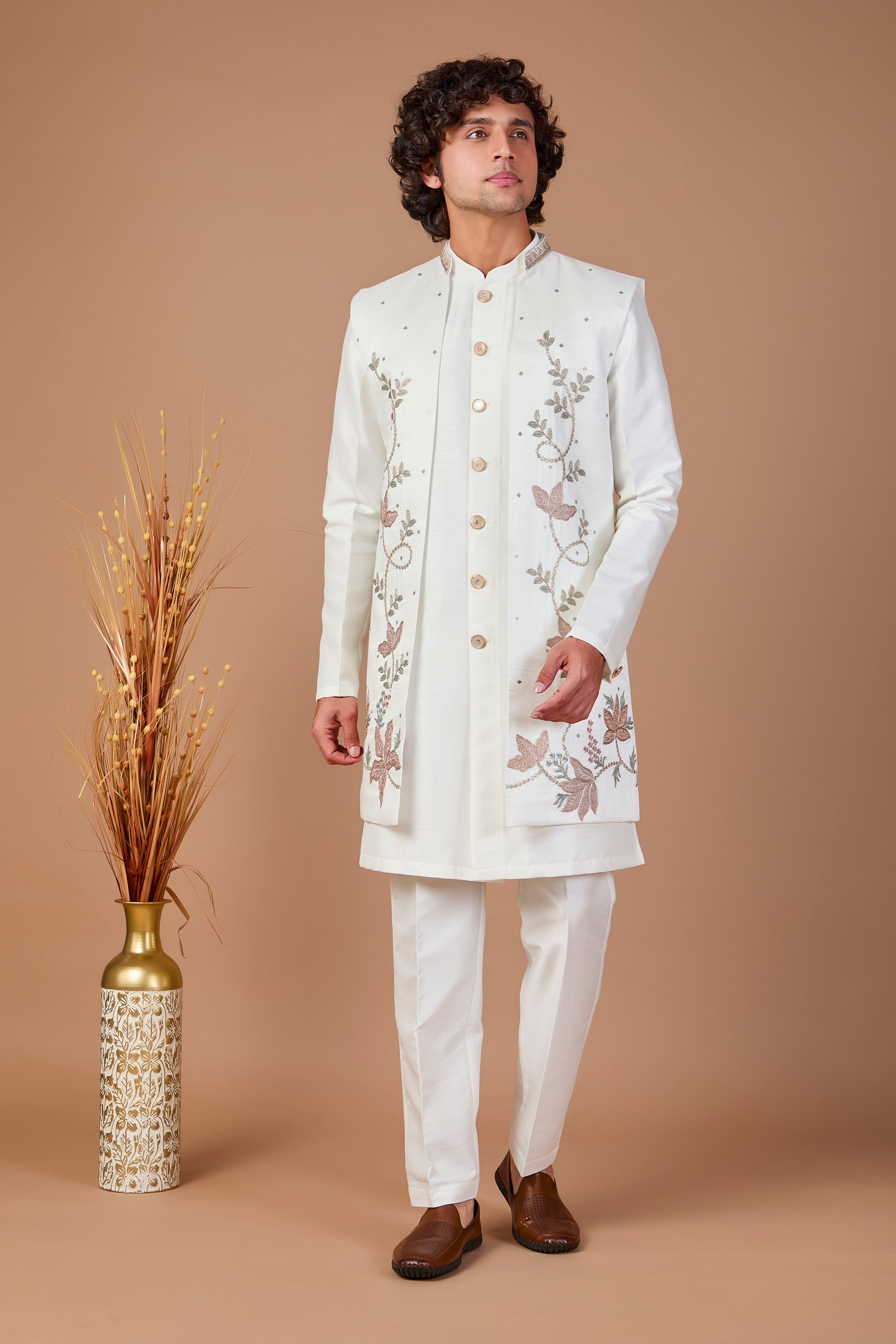 Men's Rich Off-white Indo-western Crafted in Premium Raw Silk