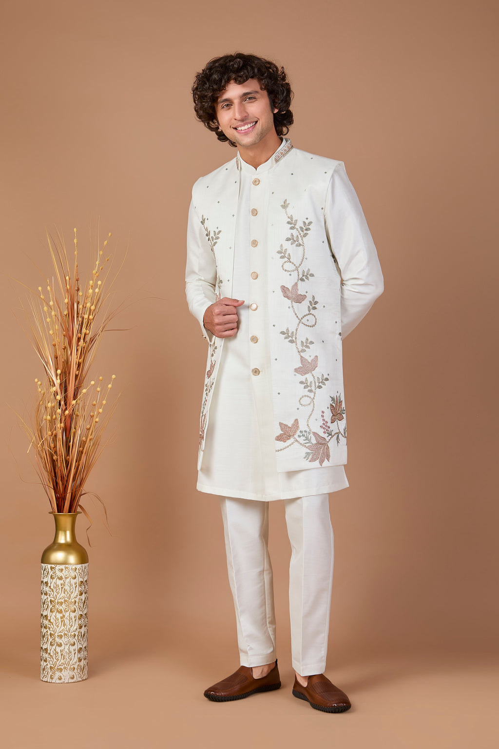 Men's Rich Off-white Indo-western Crafted in Premium Raw Silk