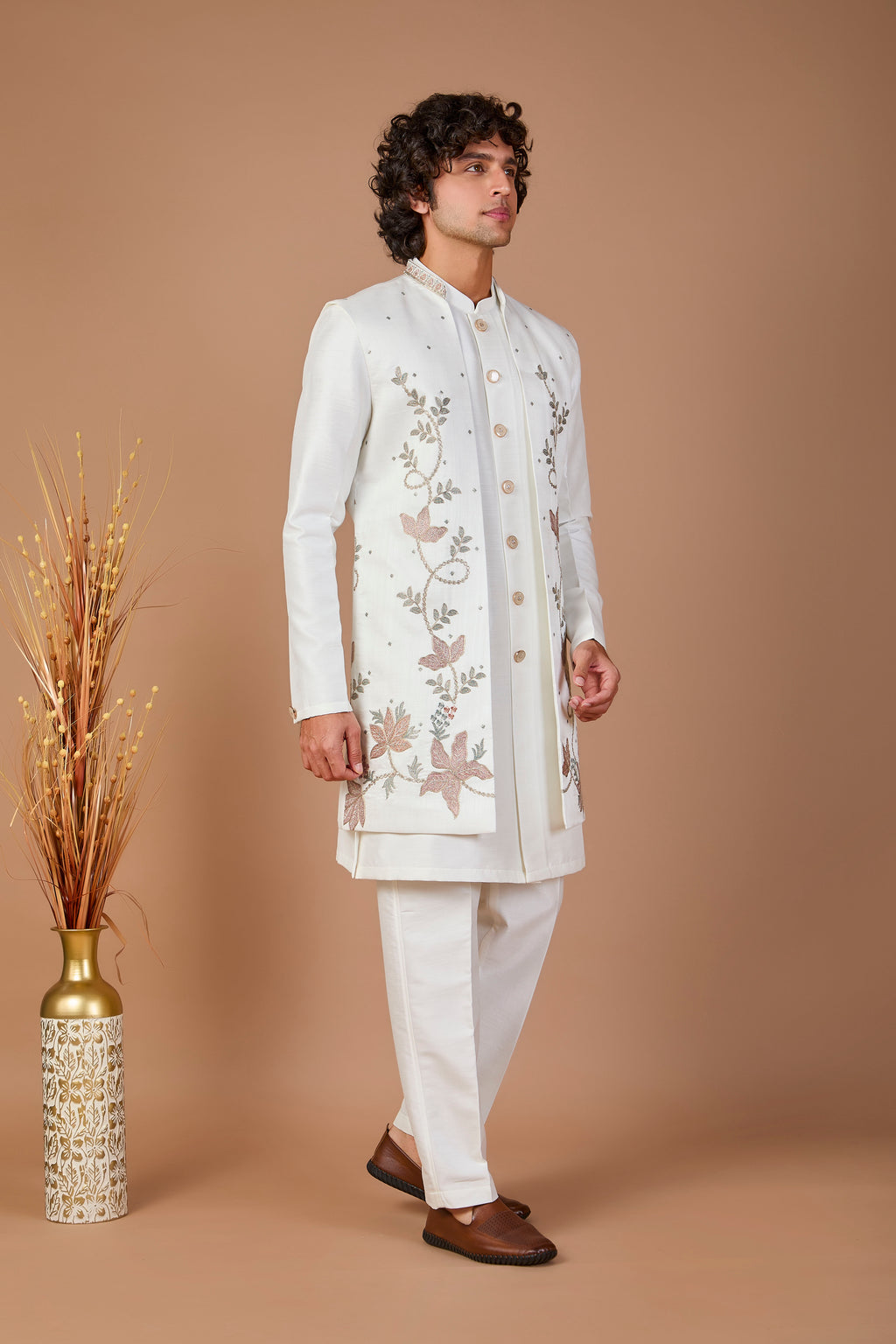 Men's Rich Off-white Indo-western Crafted in Premium Raw Silk