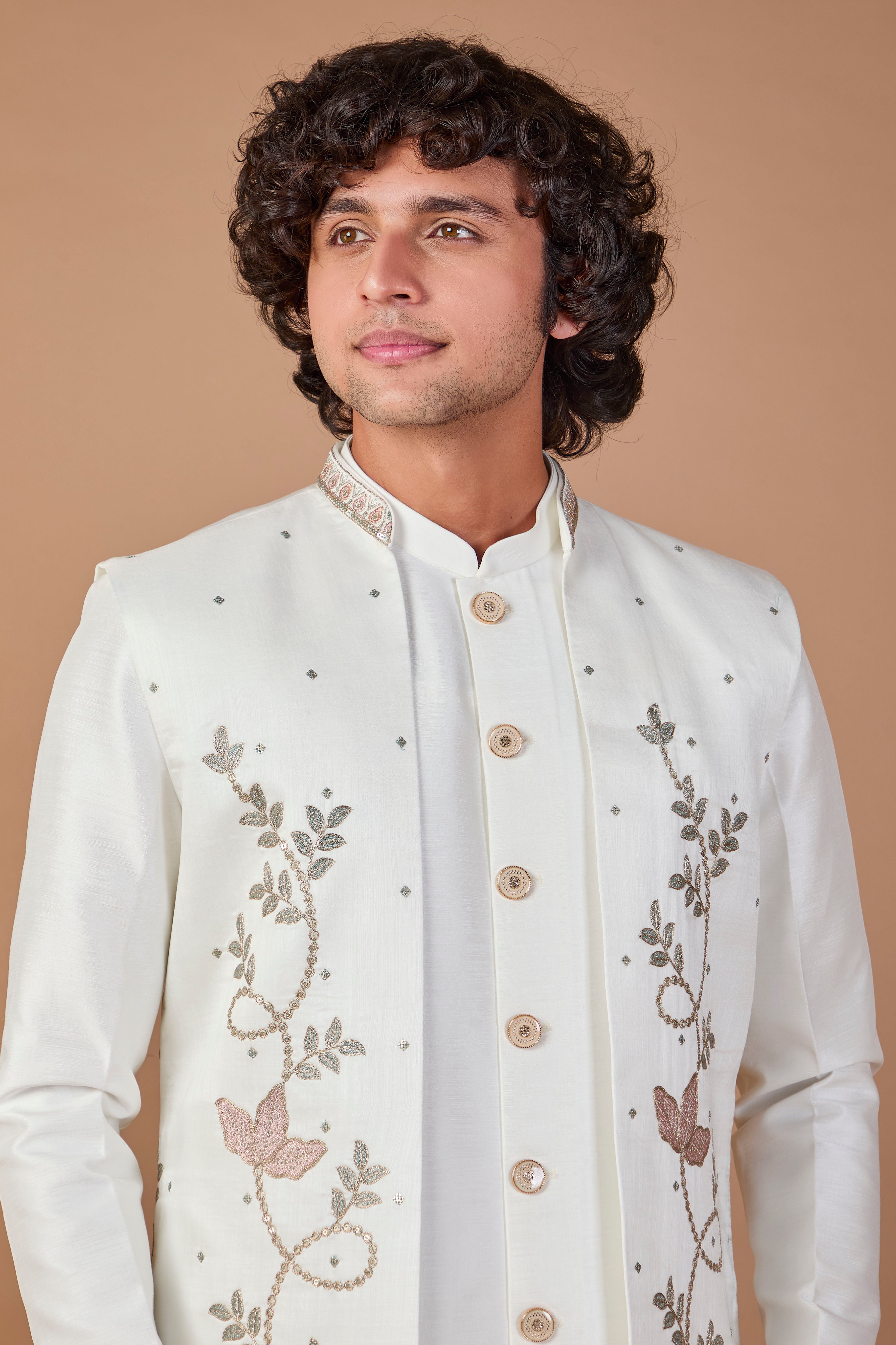 Men's Rich Off-white Indo-western Crafted in Premium Raw Silk