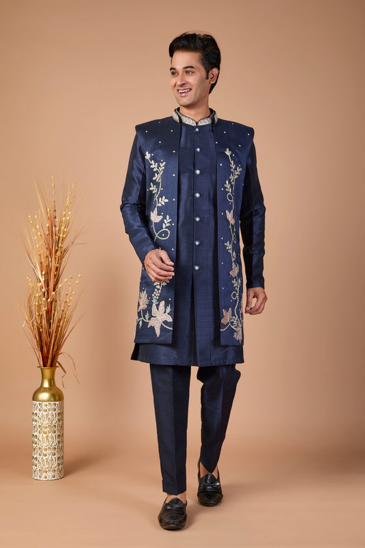 Modern Navy Raw Silk Men’s Indo-western