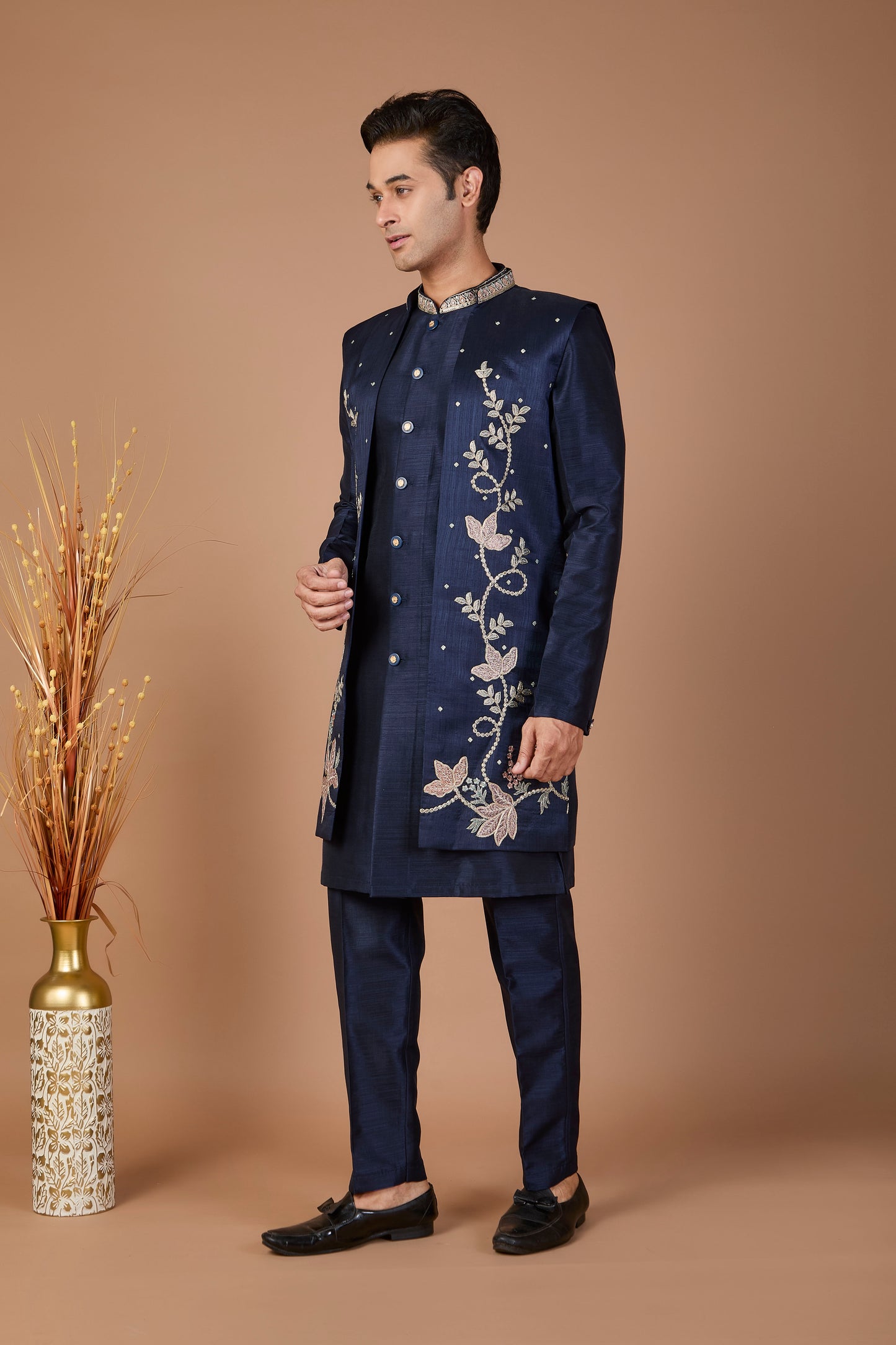 Modern Navy Raw Silk Men’s Indo-western